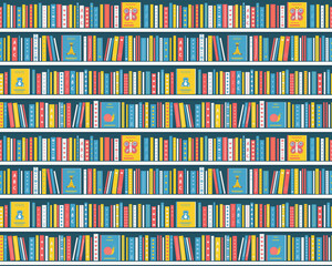 Children's Books on the Shelves. Seamless Pattern. Bookshelves with Kids Books. Library Interior or Bookstore Interior. Children's books on Shelves. Vector illustration in Blue, Yellow, Red, White.