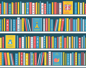 Books on the Shelves. Seamless Pattern. Bookshelves with Kids Books. Library Interior or Bookstore Interior. Children's books on the White Shelves. Vector illustration in Blue, Yellow, Red, White