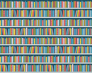 Books on the Shelves. Seamless Pattern. Bookshelves with Kids Books.  Library Interior or Bookstore Interior. Children's books on the White Shelves. Vector illustration in Blue, Yellow, Red, White