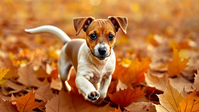 Autumn's Playmate: A young, playful puppy frolics in a vibrant bed of autumn leaves, embodying the joy of seasonal change and the simple pleasure of canine companionship.