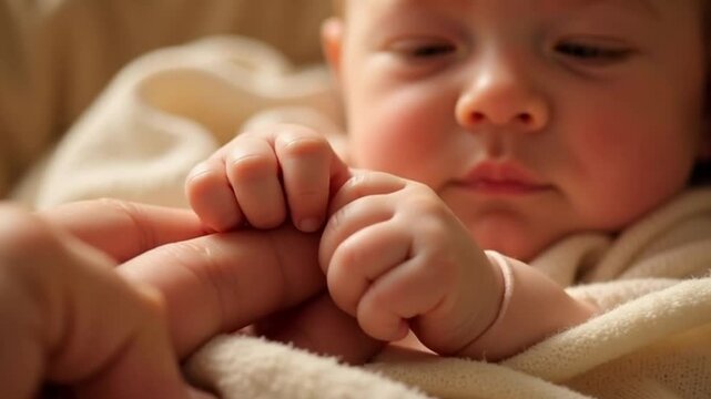 Close up of a baby holding an adult finger while wrapped in a soft blanket in gentle lighting