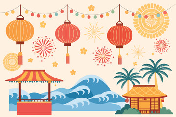 Vibrant Festive Asian Lantern and Firework Illustration