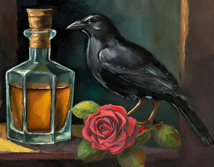 painting-old-crow-bar-decanter-rose-close-up-whiskey
