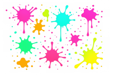 Vibrant neon paint splattering across surface, featuring multicolored drips in pink, yellow, cyan, orange, green
