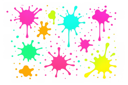 Vibrant neon paint splattering across surface, featuring multicolored drips in pink, yellow, cyan, orange, green