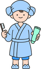 a boy in a bathrobe holding toothbrush toothpaste