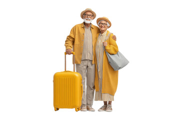 PNG Elderly caucasian couple traveling with luggage in stylish yellow outfits