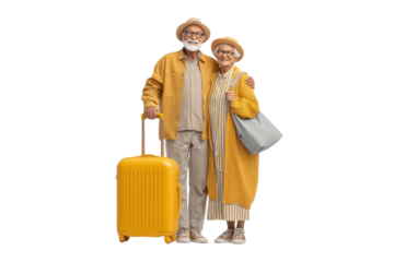 PNG Elderly caucasian couple traveling with luggage in stylish yellow outfits