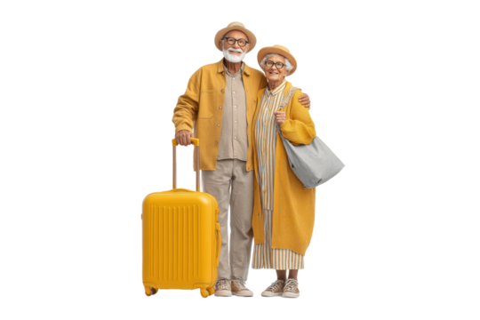 PNG Elderly caucasian couple traveling with luggage in stylish yellow outfits