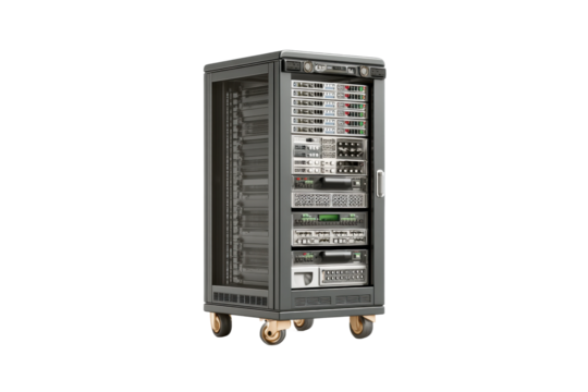 PNG Advanced data server rack with multiple network connections and equipment