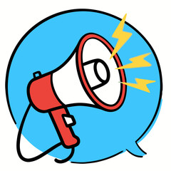 A vibrant hand-drawn megaphone with yellow lightning bolts emerges from a blue speech bubble, symbolizing urgent communication and important announcements.