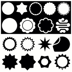Collection of black and white geometric shapes: circles, stars, flowers, and abstract design elements ideal for logos, emblems, badges, and various graphic design projects, offering versatile options