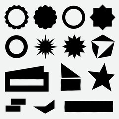 A collection of various black geometric shapes, including circles, stars, and polygons, arranged on a white background, perfect for design elements.
