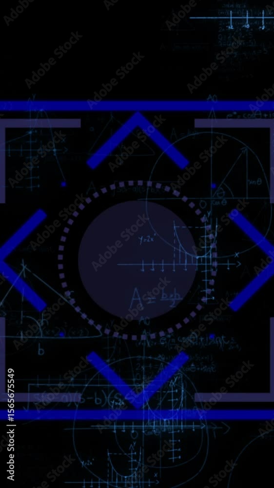Poster animation of graphical circle and square shapes with brackets scanning over mathematical formulas