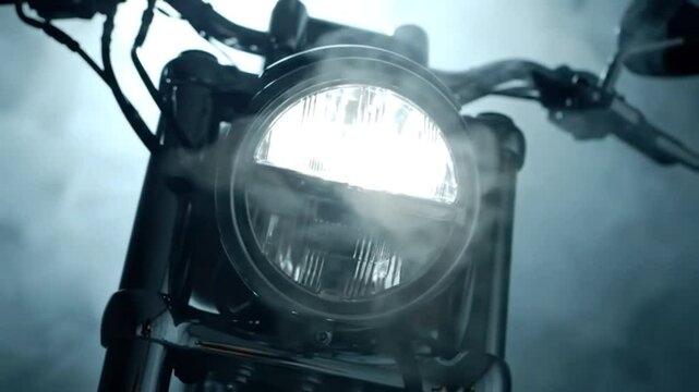 Close up of a motorcycle headlight shining brightly with smoke in the background