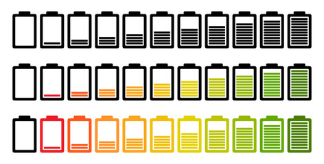 Akkuaufladungsanzeiger eingestellt. Isolierte elektrische Akkuladung voller, niedriger, leerer Leer-Level und Aufladen von Fortschrittszeichen-Symbolsammlung. Vektorstromindikatorsymbole, Akkumul.