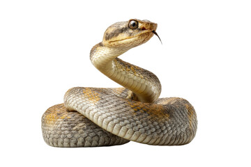 Fototapeta premium PNG Coiled rattlesnake on black background: close-up of scales and fangs