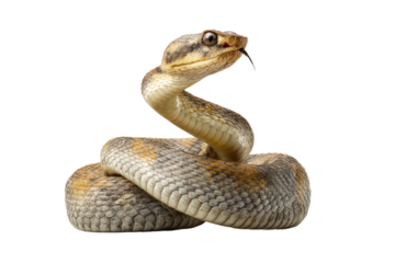 PNG Coiled rattlesnake on black background: close-up of scales and fangs