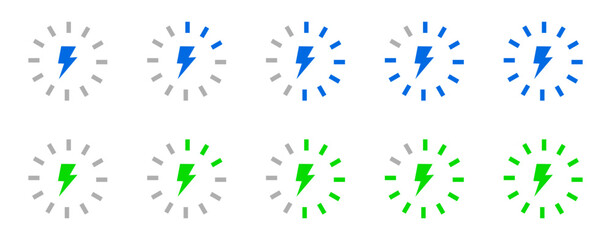 Battery charge level indicator icon set. Charging status, battery capacity from empty to full. Lightning energy level bar.