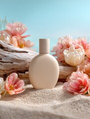 A composition on a sandy beach with a minimalist perfume bottle surrounded by bright flowers and a wooden element