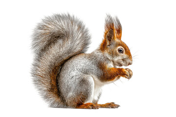 Obraz premium PNG Close-up of red and gray squirrel eating nut with fluffy tail