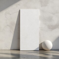 Modern minimalistic art display featuring blank canvas and spherical object in bright indoor setting