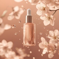 Beautiful serum bottle surrounded by delicate blossoms and sparkling droplets in a soft floral setting