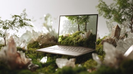 Laptop placed in a lush green setting surrounded by crystals and trees