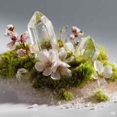 Beautiful crystals adorned with delicate flowers and vibrant moss