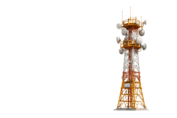 PNG Orange and white communication tower with satellite dishes against black background