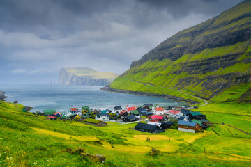 Tjornuvik village, Streymoy Island, Faroe Islands, Denmark. Scenic place for travel. Panoramic view...