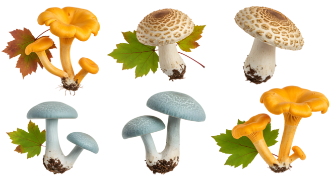 A vibrant display of assorted mushrooms with colorful caps and leaves, set against a neutral background, ideal for nature themes