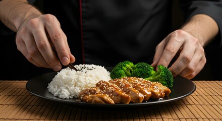 Professional Chef's Hands Meticulously Plating Gourmet Glazed Chicken with Rice and Steamed Broccoli, Garnishing with Sesame Seeds on a Dark Plate