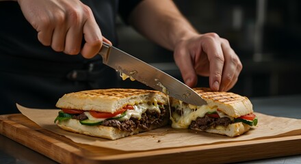 Close-up of hands slicing a hot, gourmet grilled sandwich with melted cheese pull on a rustic wooden board, showcasing delicious ingredients in a p...