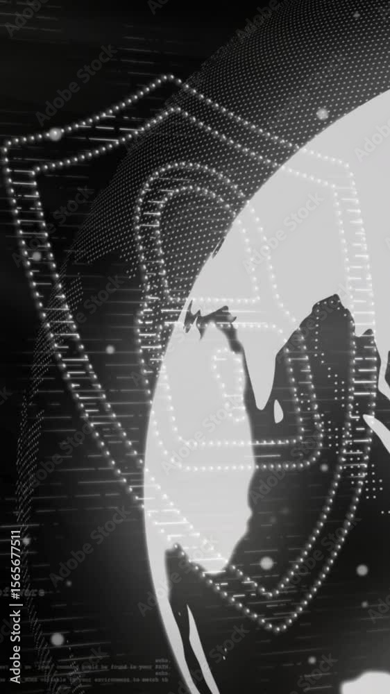Poster animation of security padlock and data processing over globe on black background