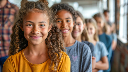 Obraz premium Group of smiling girls with curly hair standing in a line in a bright indoor environment