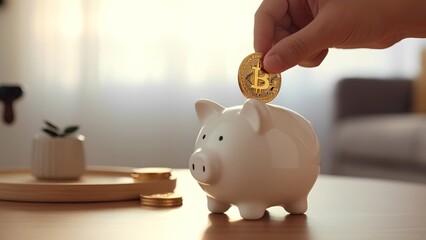 A close-up shot of a hand depositing a coin into a piggy bank,A piggy bank symbolizes more than just saving coins—it represents discipline, dreams, and a hopeful future.
