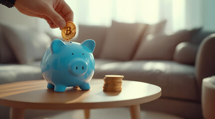 A close-up shot of a hand depositing a coin into a piggy bank,A piggy bank symbolizes more than just saving coins—it represents discipline, dreams, and a hopeful future.