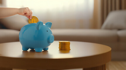 A close-up shot of a hand depositing a coin into a piggy bank,A piggy bank symbolizes more than just saving coins—it represents discipline, dreams, and a hopeful future.