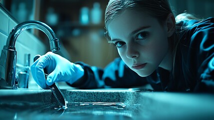 Young forensic investigator collecting evidence from a sink