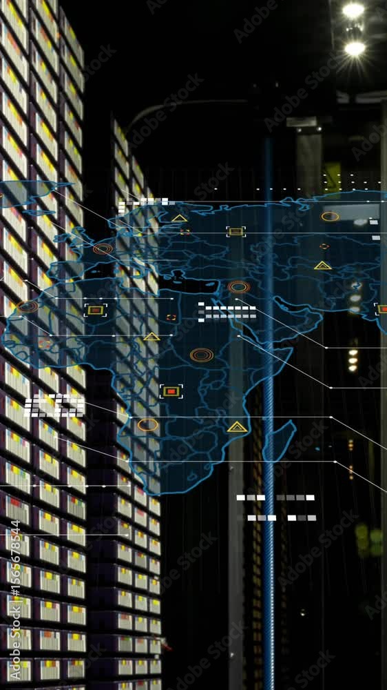 Poster animation of world map and data processing over computer servers