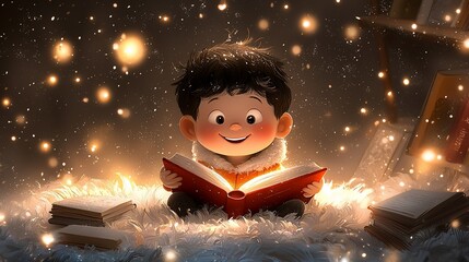 Smiling child reading a glowing book on fluffy rug, sparkling lights