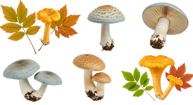 A vibrant display of assorted mushrooms surrounded by colorful autumn leaves, set against a neutral background - Powered by Adobe