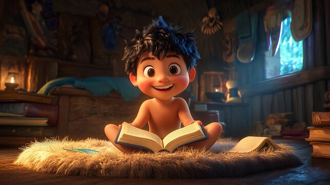 Animated boy smiling, reading a book in a cozy, rustic room