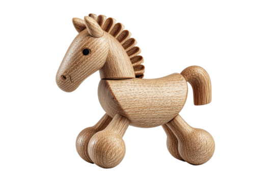 PNG Wooden toy horse with articulated legs and detailed mane