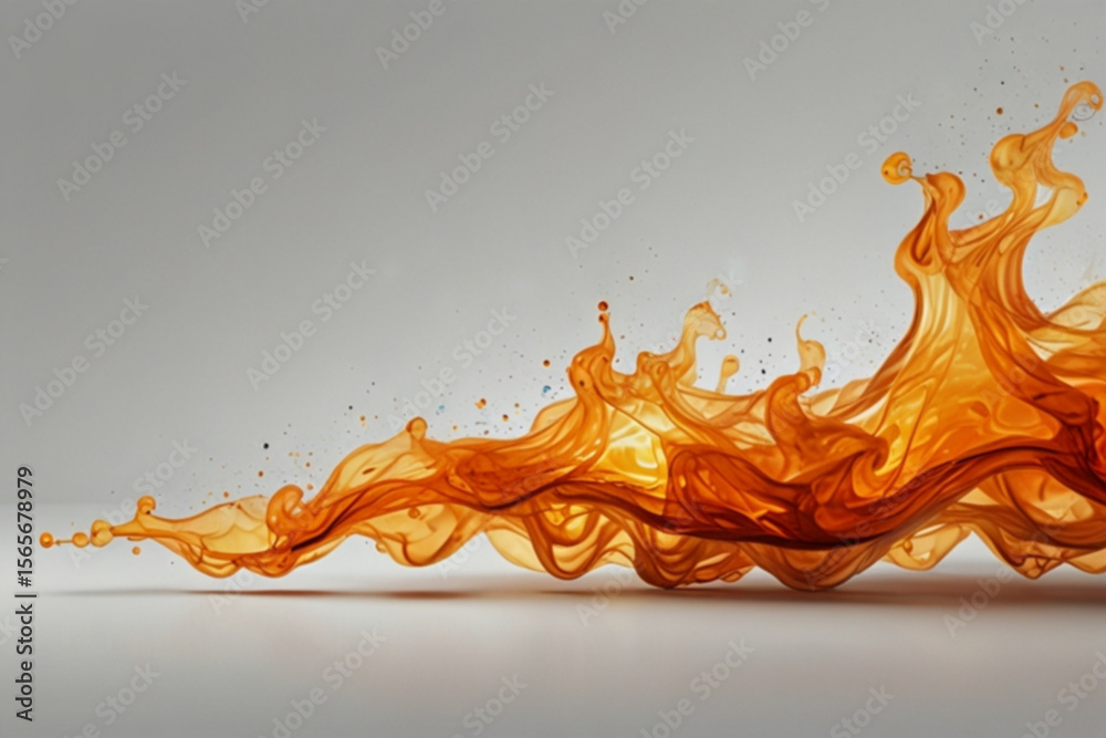 Poster a dynamic orange liquid splash with droplets on a light background creating a flowing abstract shape