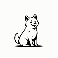 Happy cartoon dog sitting and smiling in black and white illustration  