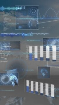 Animation of graphs, radars, globes, soundwaves over computer language against cloudy sky
