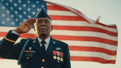 Veteran salutes the American flag in a patriotic display of honor - Powered by Adobe