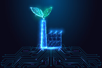 Green energy eco factory concept with sustainable leaves and digital technology integration